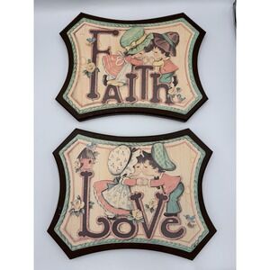 VTG 70s Faith Love Wall Plaques Set Boy Girl Country Cottagecore Kissing Praying